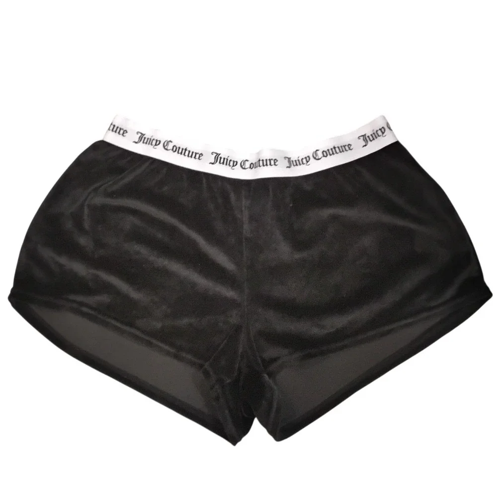 Juicy‎ Couture Black Velour Shorts Rhinestone Logo Elastic Waist Women's M